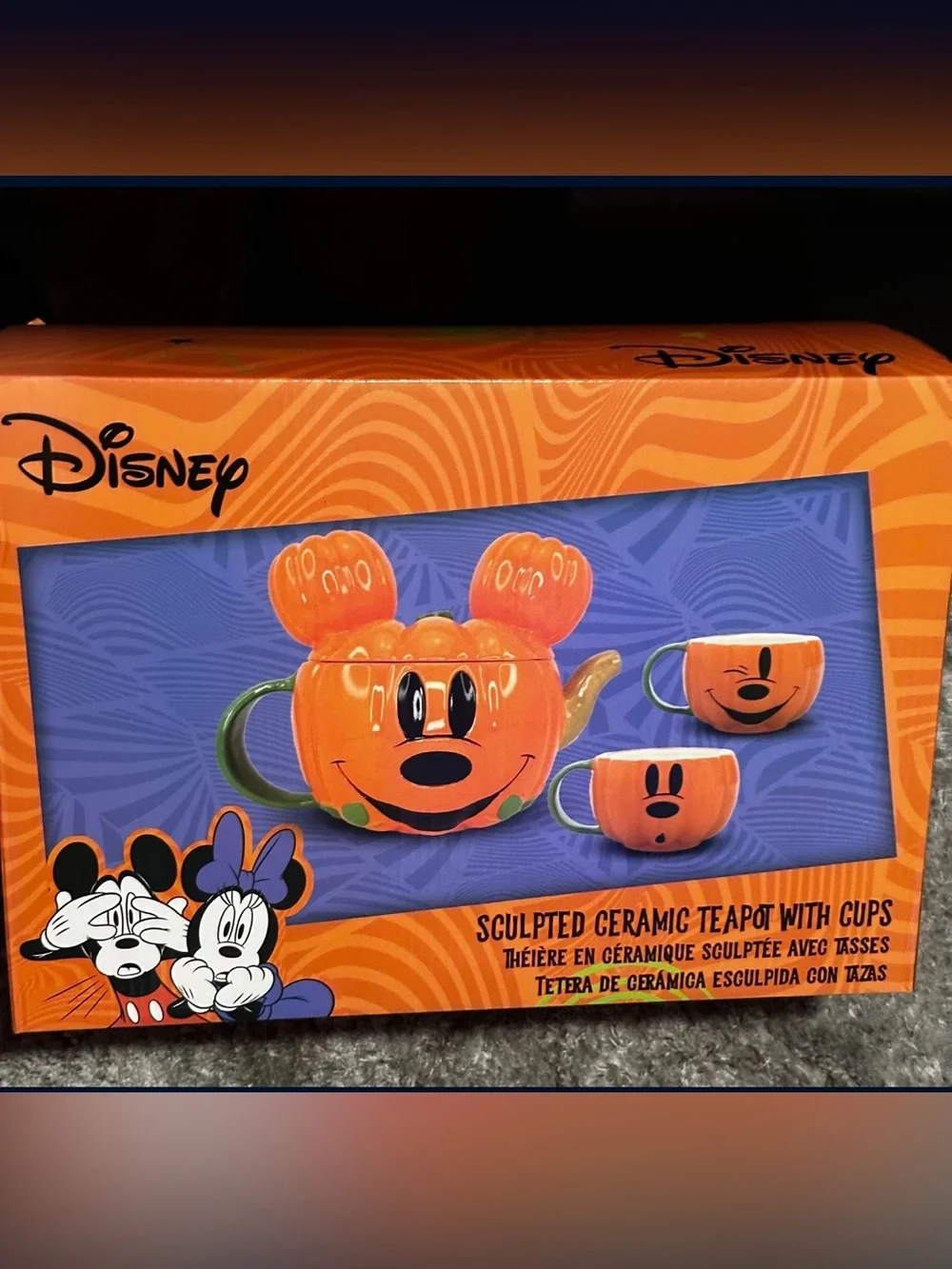 Disney Pumpkin Mickey Sculpted Ceramic Teapot with Cups